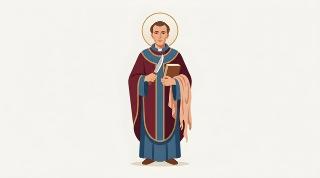 Feast Day of St Bartholomew Apostle Vector Illustration in Blue Robe Holding Holy Bible, Flayed Skin Symbol, Church Arch, Grapevine, and Christian Icons