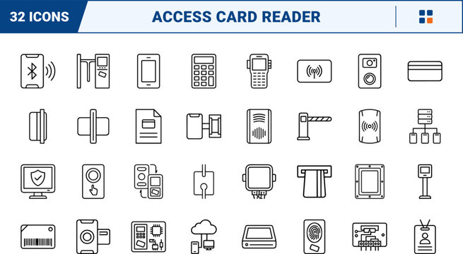 Access card reader line icon set. Vector pictograms of authentication, hardware, credential, and security elements, thin linear illustration.