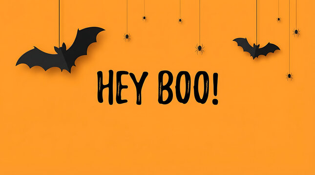 Three black bats flying over orange background with spooky text hey boo