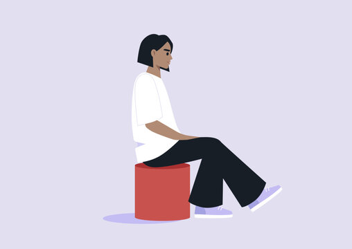 In a cozy, modern space, a person sits thoughtfully on a bright pouf, Their relaxed posture reflects a moment of introspection, surrounded by soft pastel colors that create a peaceful atmosphere.