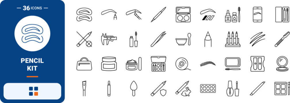 Eyebrow pencil kit line icon set. Vector pictograms of brow, grooming, makeup, and spoolie elements, thin linear illustration.