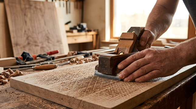 Professional carpenter using a hand plane to texture wooden board in a rustic workshop, close-up shot of skilled craftsmanship, woodworking hobby concept with sawdust and tools on a cluttered work