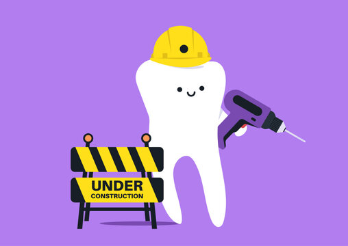A friendly cartoon tooth wearing a yellow hard hat holds a purple drill while standing next to an orange construction sign, This playful scene adds joy to dentist treatment in a whimsical way.