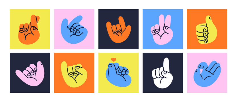 Doodle hand gestures set. Designs of posters with showing signs and pointing with fingers palms. Collage with heart, peace, OK and greeting symbols with gestures. Flat isolated vector illustrations