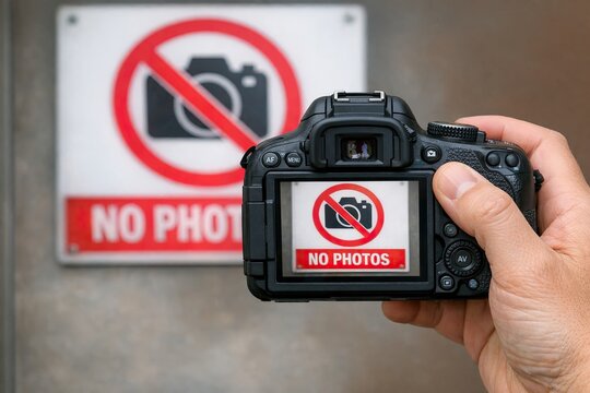 A person holds a camera in front of a 'No Photos' sign, conveying a sense of disregard for rules