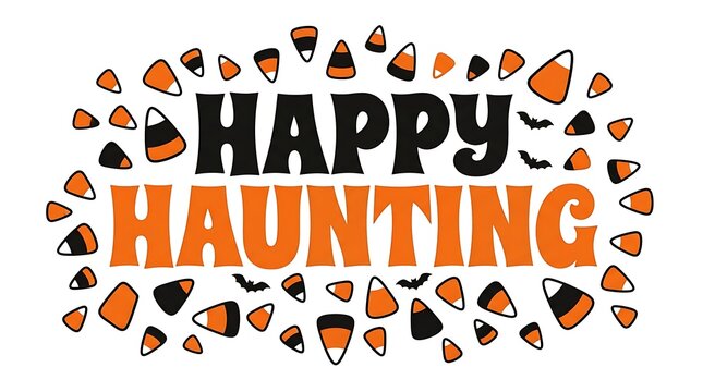 Happy haunting text design surrounded by colorful candy corn and small bats for halloween holiday celebration