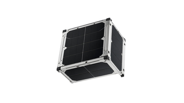 CubeSat miniature satellite in space with solar panels
