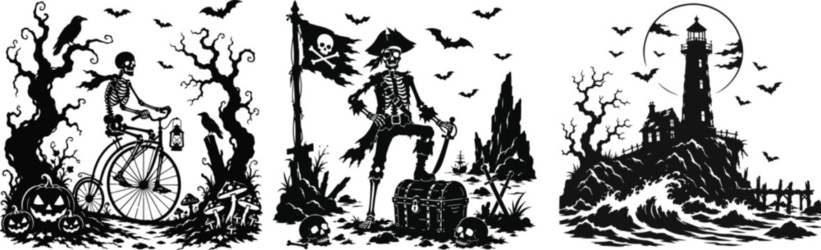 Halloween Gothic Silhouette Collection with Skeleton Cyclist, Pirate Skeleton Treasure and Haunted Lighthouse Vector Set