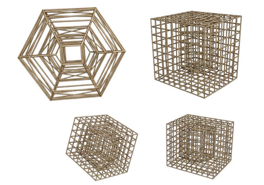 Four geometric wireframe shapes including a cube and octahedron rendered in gold on transparent background geometry framework mesh grid