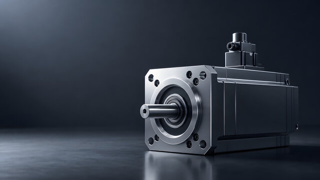 Industrial Servo Motor with Metal Shaft on Reflective Dark Surface