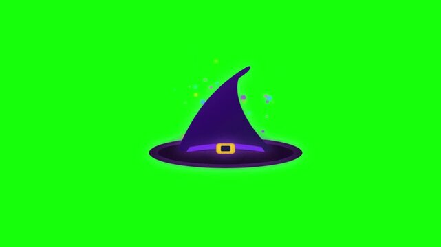 Purple witch hat with a yellow buckle floating against a bright green screen background motion graphic loop