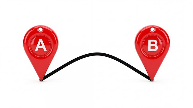 Glossy red map pin icons labeled A and B connected by a sleek black arc line isolated on white background