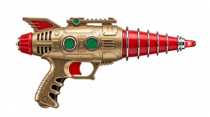 Naklejka premium Vintage plastic space ray gun toy featuring bright red and metallic gold colors captured in a studio setting on white background