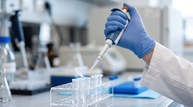 A scientist in a lab coat and blue gloves uses a micropipette to transfer liquid into test tubes