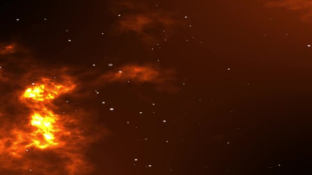 Abstract fiery orange nebula cloud sky motion background, sparkling star particles floating over dark orange background, glowing orange fire cloud universe space background animation.4k video