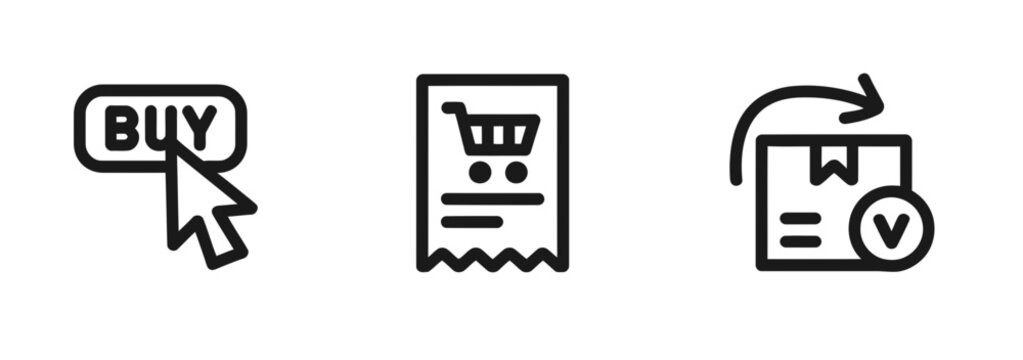 Minimalist black line icons illustrate the concepts of purchasing items online and processing returns with a clean white backdrop