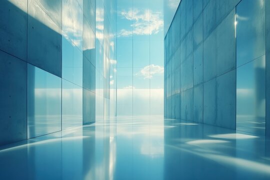 Modern abstract architectural interior reflecting sky and clouds in glossy surfaces for corporate design and commercial background