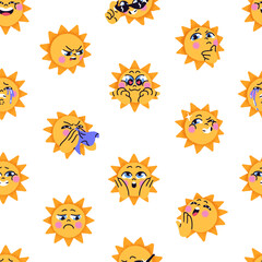 Fototapeta premium Repeatable pattern of cartoon sun with different emotions on face. Endless background of angry, happy, sad, shocked, smiling, crying and thinking kids' character. Flat seamless vector illustration