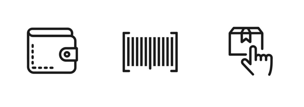 A collection of financial transaction icons featuring a wallet a barcode and concepts related to online shopping and payments
