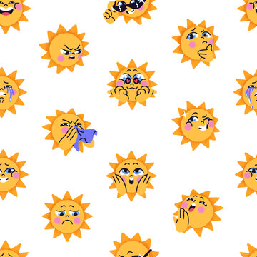 Repeatable pattern of cartoon sun with different emotions on face. Endless background of angry, happy, sad, shocked, smiling, crying and thinking kids' character. Flat seamless vector illustration