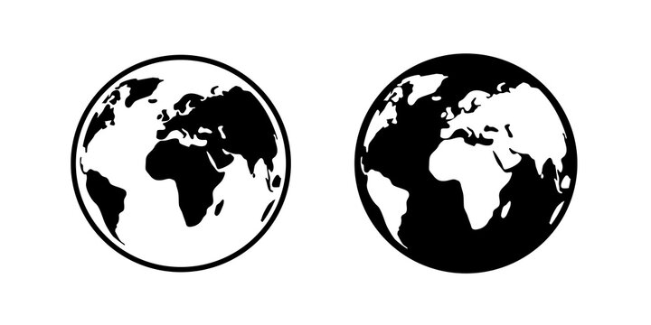 Globe icon set with world map and planet earth symbols in outline and solid silhouette. Global navigation icons for geography, travel app and web interfaces