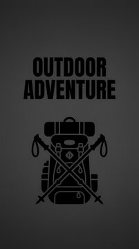 Outdoor adventure graphic with backpack and hiking poles icon.