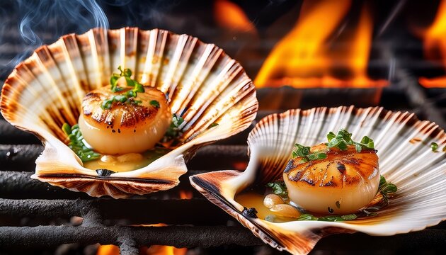 a close up shot of grilled scallops on seaweed shells being cooked on a charcoal grill