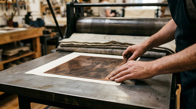 Professional artist hands preparing a detailed copper etched plate on an industrial vintage printing press for fine art intaglio reproduction in a creative studio workshop for traditional craft 
