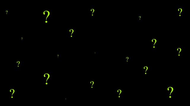 Glowing green question marks floating upward against a deep black background, creating an abstract and mysterious visual motion loop problem solving and faq concepts