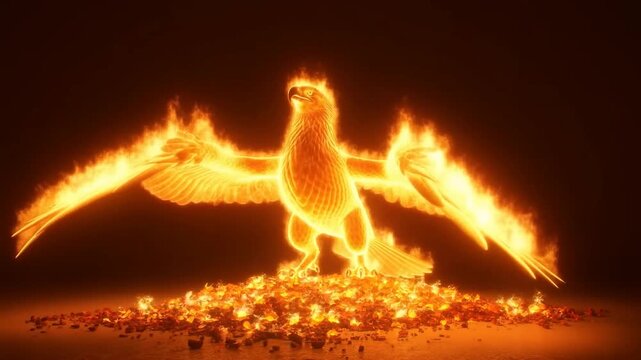 Glowing eagle with outstretched wings above fiery embers against a dark background