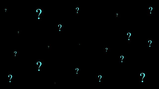 Glowing blue question marks floating upward endlessly against a sleek, dark background, creating a mysterious and conceptual animated background, for problem solving, and inquiry themes