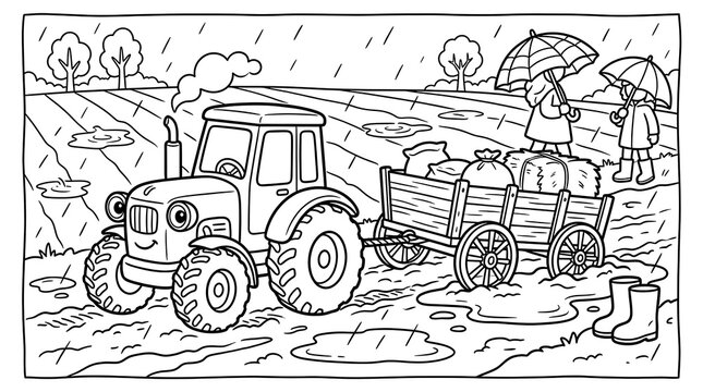 Cartoon tractor pulling a wooden cart through a muddy field in the rain with two children holding umbrellas and wearing rubber boots