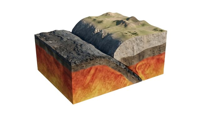 Isolated 3D geological cross section illustrating a tectonic plate subduction process