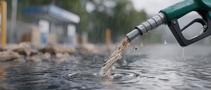 Close up view of gasoline flowing from a green and black fuel nozzle creating ripples on the surface at a fueling station on a cloudy day