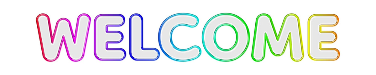 3D Glass WELCOME Text with Colorful Metallic Chrome Outline, Multicolor Neon Gradient Transparent Lettering, Glossy Shiny Glass Effect Isolated on Transparent Background © Soapbeer