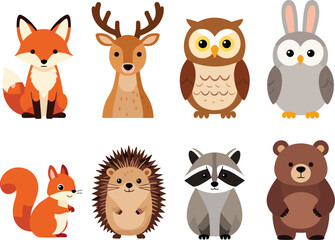 Naklejka premium Cute woodland animals vector set featuring cartoon fox, deer, owl, bunny, squirrel, hedgehog, raccoon, and brown bear isolated on white background (22 words)