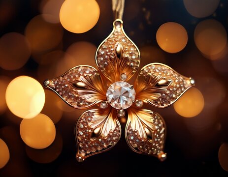 a shimmering ornate floral brooch floats against a dark blurred background of golden sparkles