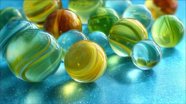 Colorful Glass Marbles on Vibrant Blue Background Surface