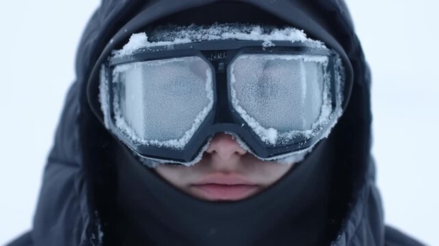 Frostcovered winter explorer wearing goggles and hooded clothing in a snowy outdoor setting