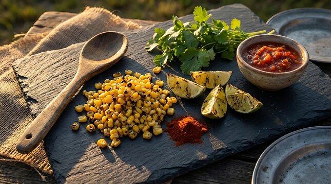 Grilled corn salad with lime wedges and salsa served on a dark stone slate board. wooden spoon accompaniments