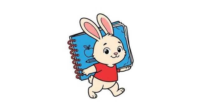 Cute cartoon rabbit holding a blue notebook