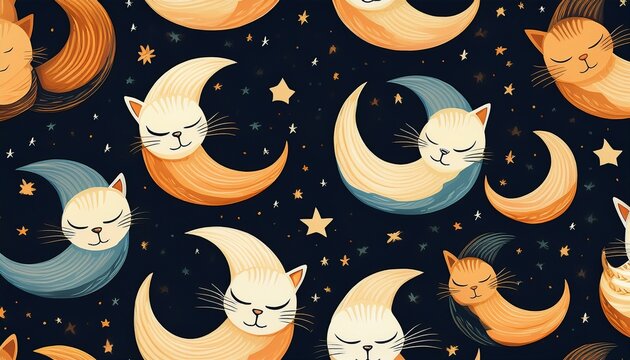 seamless pattern of cute cats sleeping on crescent moons