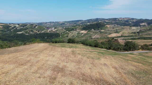 Europe, Italy, Lombardy, Pavia, Mont&ugrave; Berchielli &ndash; drone view of the Oltrep&ograve; Pavese hills; drought and water shortages lead to an early grape harvest for wine production. Global warming and climate ch