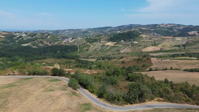Europe, Italy, Lombardy, Pavia, Mont&ugrave; Berchielli &ndash; drone view of the Oltrep&ograve; Pavese hills; drought and water shortages lead to an early grape harvest for wine production. Global warming and climate ch