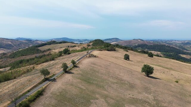 Europe, Italy, Lombardy, Pavia, Mont&ugrave; Berchielli &ndash; drone view of the Oltrep&ograve; Pavese hills; drought and water shortages lead to an early grape harvest for wine production. Global warming and climate ch