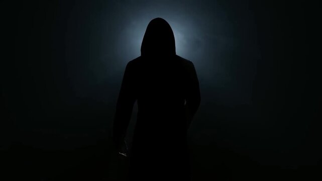 Hooded silhouetted person holding a handgun upright against a dark smoky background