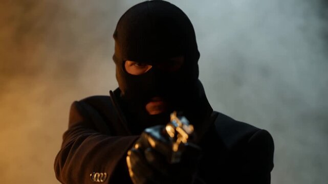 Masked gunman in balaclava and suit aiming revolver forward through thick smoke