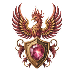 Fototapeta premium Majestic phoenix bird rising with shield and ruby gemstone symbol