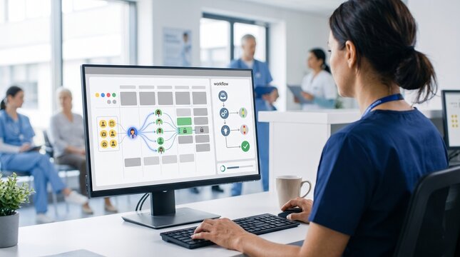 Female nurse reviewing patient triage workflow and AI diagnostics dashboard on computer monitor