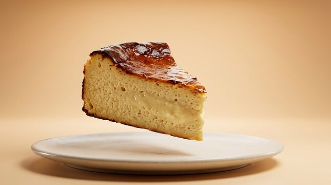A single delicious slice of basque cheesecake levitating above a minimalist white ceramic plate on a solid soft peach colored studio background